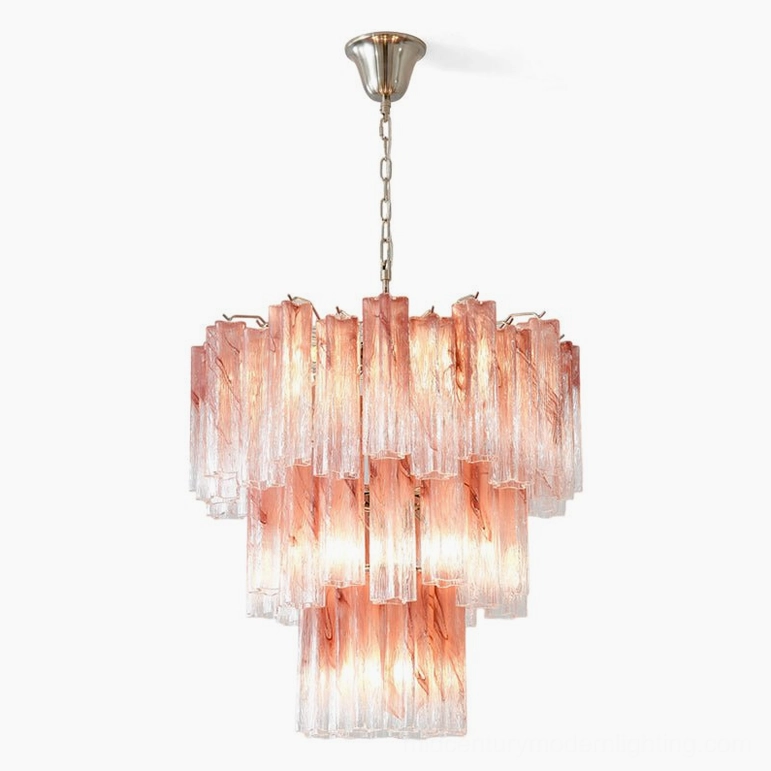 Pink Murano tube chandelier large size model showing full scale and impact in interior setting
