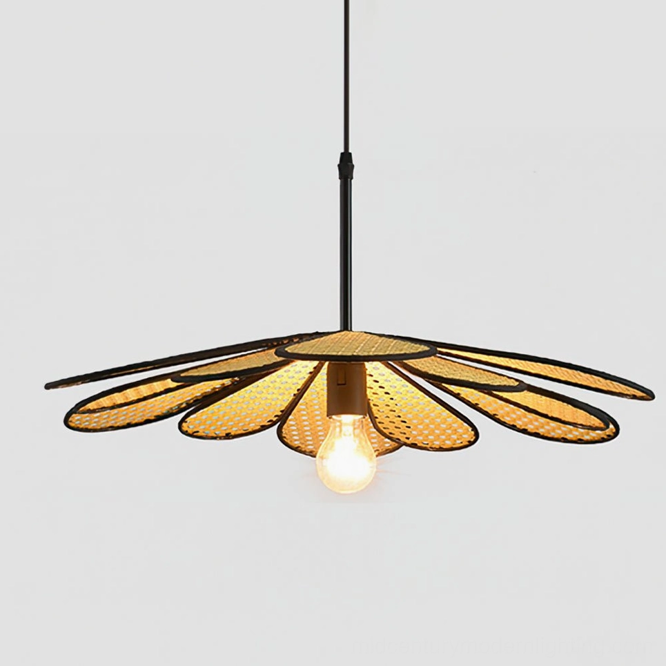 Large 100cm statement rattan flower pendant creating dramatic focal point in grand dining room setting