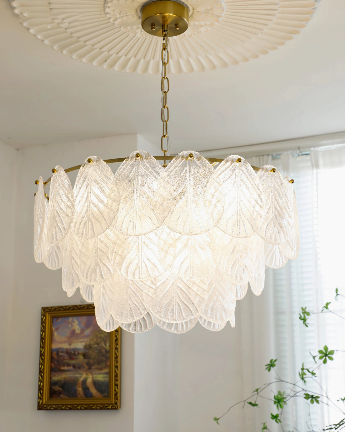 Large tiered frosted glass leaf pendant chandelier with brass frame and suspension chain, multi-layer botanical-inspired lighting for dining and living spaces