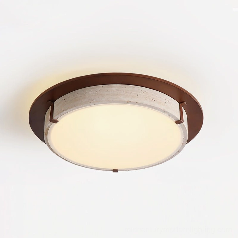 Large format travertine and walnut ceiling light 63cm diameter flush mount LED fixture modern design