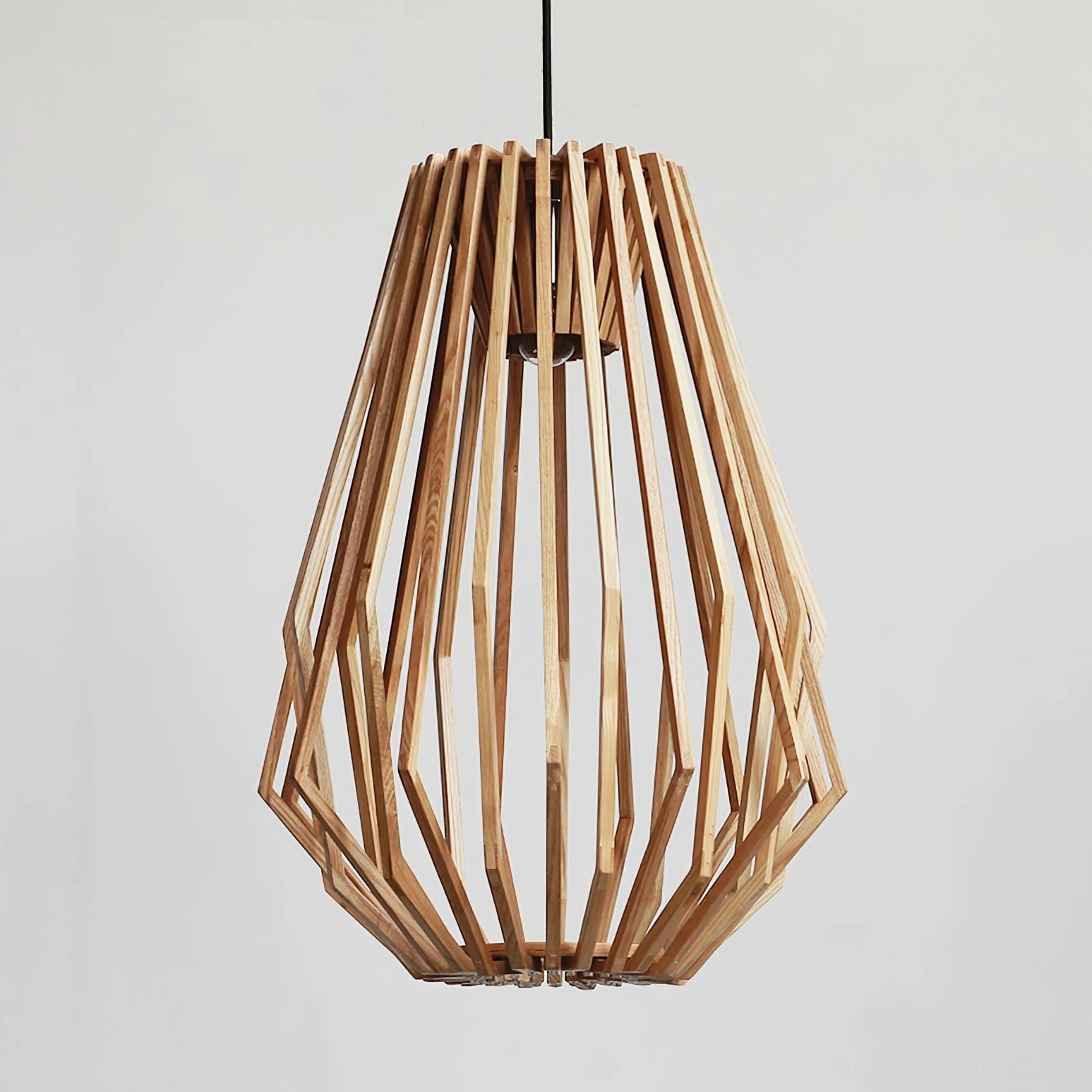 Large-scale tapered wood slat cage pendant lamp with symmetrical geometric design and natural finish