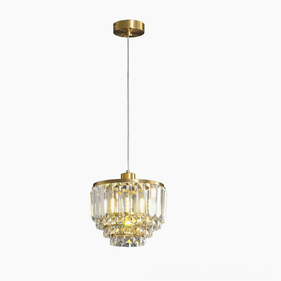 Brass crystal pendant light geometric tiered shade mid-century modern design aesthetic