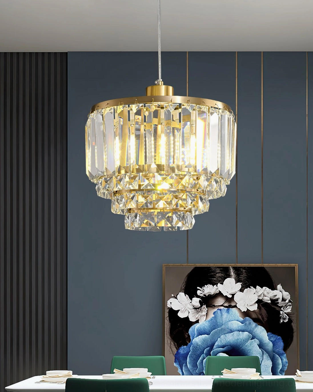 Formal dining room crystal brass pendant teal accent wall green chairs luxury pendant lighting