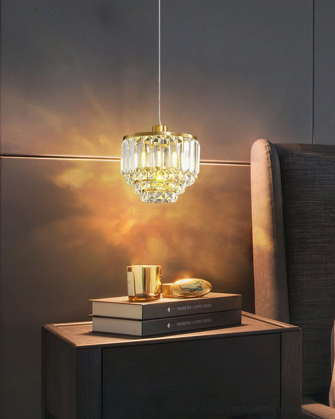 Brass crystal pendant light accent table bedroom corner warm ambient lighting dark wall