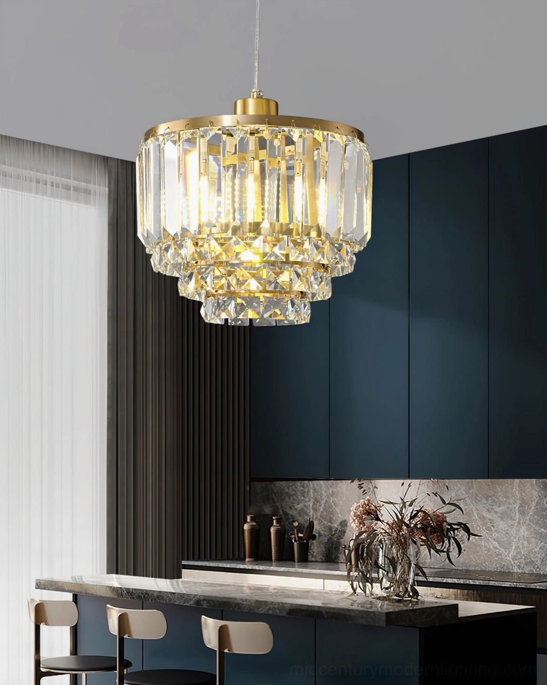 Modern kitchen island tiered crystal brass pendant light sleek luxury kitchen lighting