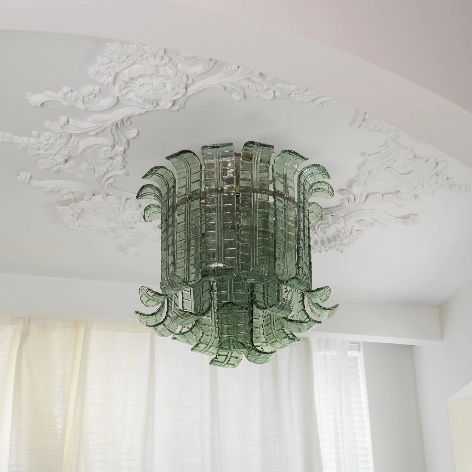 Layered glass ceiling fixture, scalloped edges, textured surface detail, hand-crafted Murano design