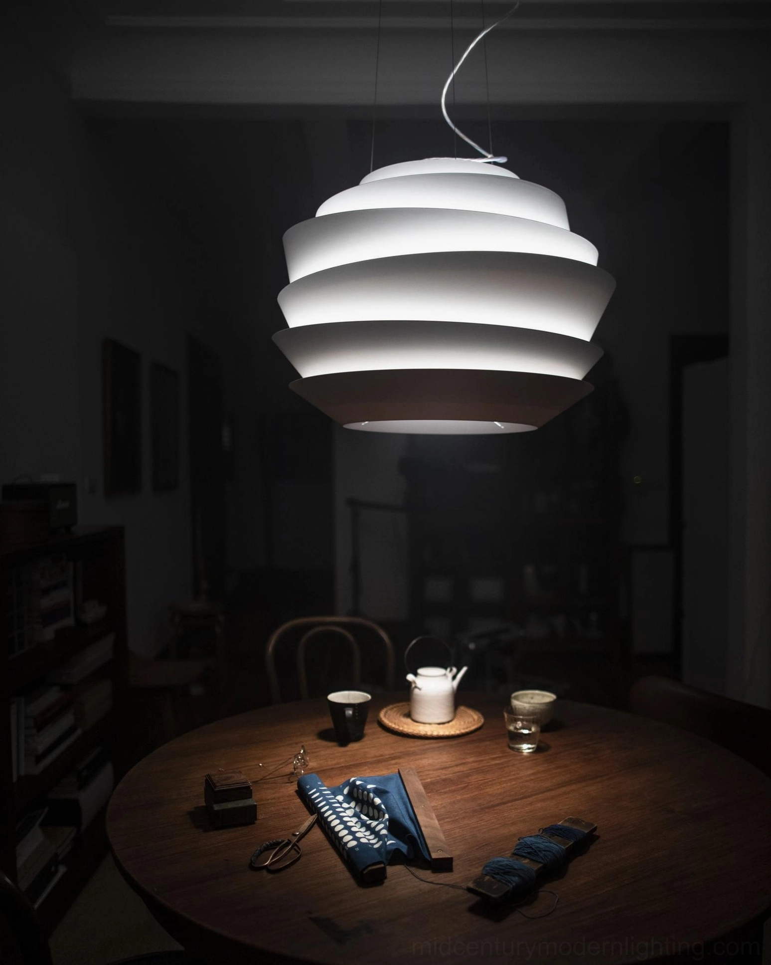 Le Soleil pendant lamp white finish dimensional view staggered tiered structure