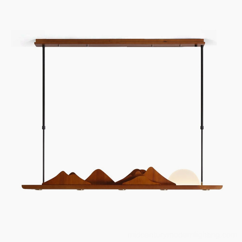 Leah Mountains linear pendant light – full front view of 47-inch walnut and black metal mountain ridge chandelier with frosted acrylic hemisphere