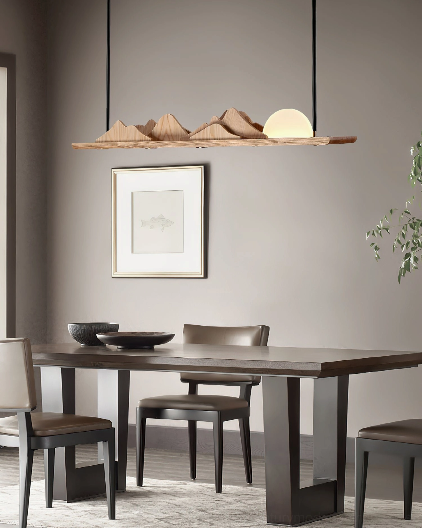 Leah Mountains pendant light – side view in grey minimalist dining space with framed wall artwork and sculptural design