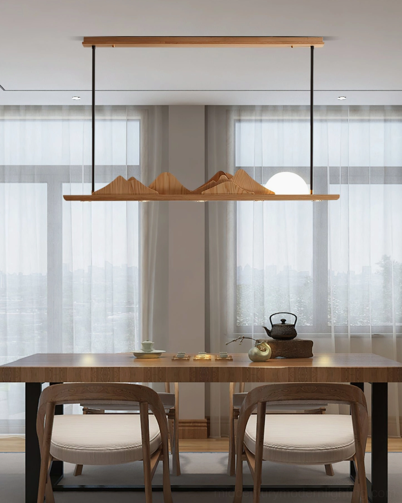 47-inch mountain ridge pendant light in Japanese-style tea dining room with soft natural daylight and warm wood tones