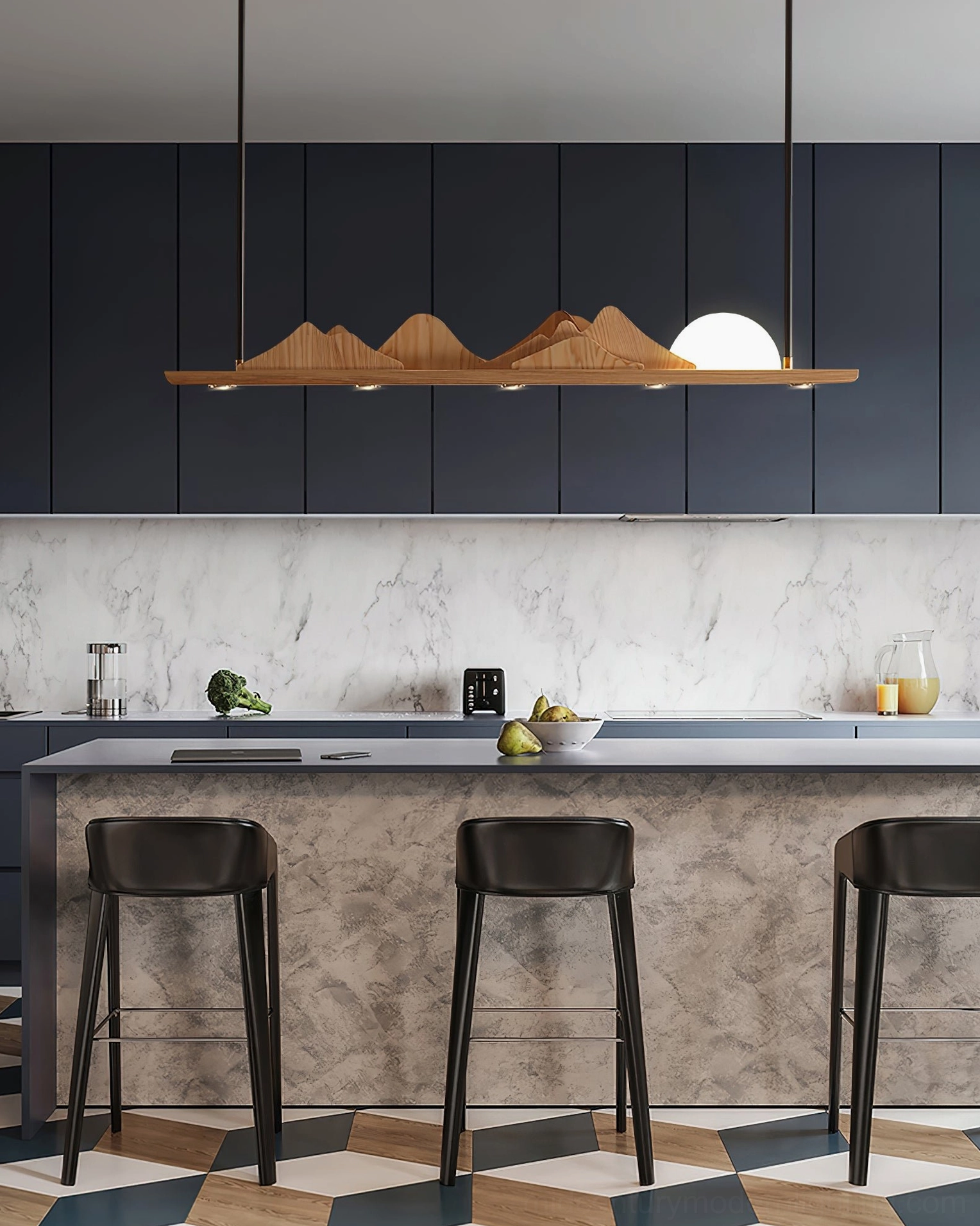Leah Mountains mountain ridge kitchen island pendant – modern kitchen with dark cabinetry, marble backsplash, and eye-level fixture view