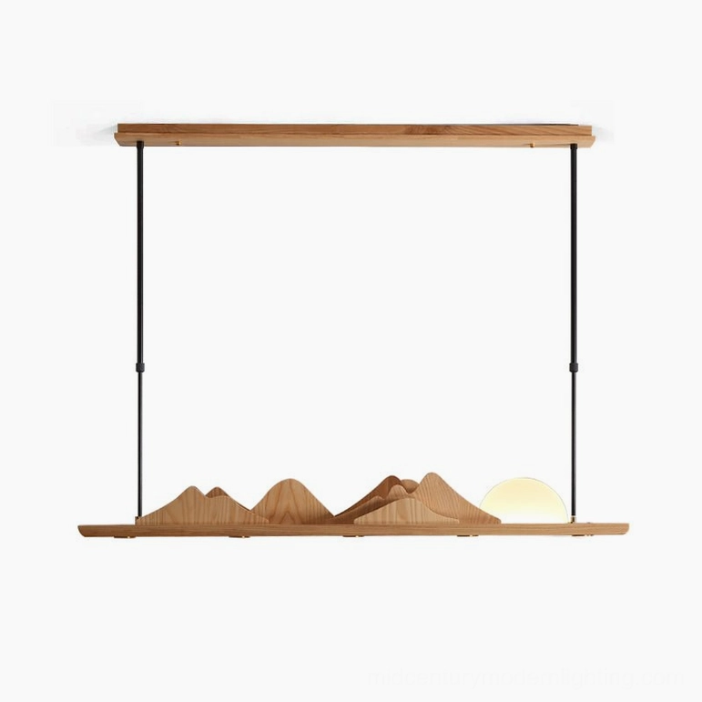 Leah Mountains pendant light – walnut color and black finish variant suspended over dining table with contemporary styling