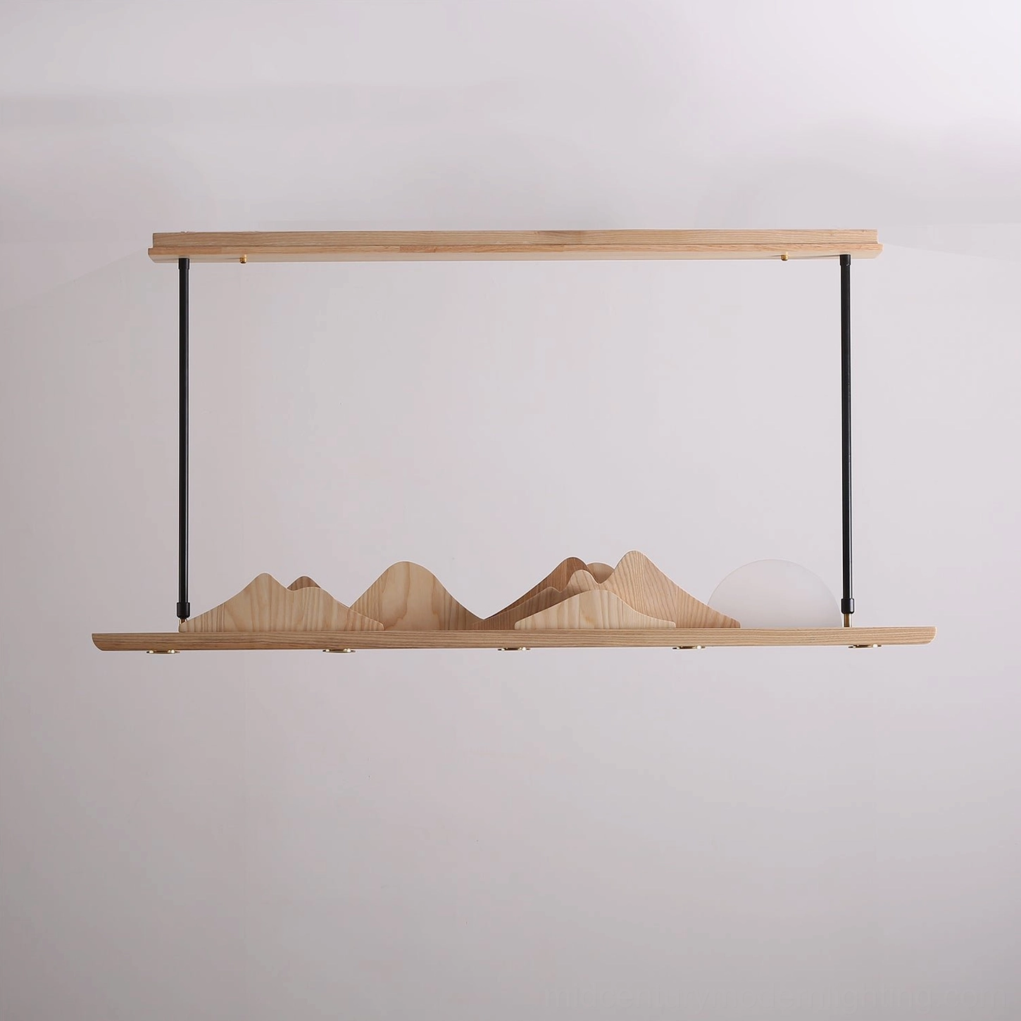 Leah Mountains mountain ridge pendant – detailed view of walnut wood finish and matte black metal edges