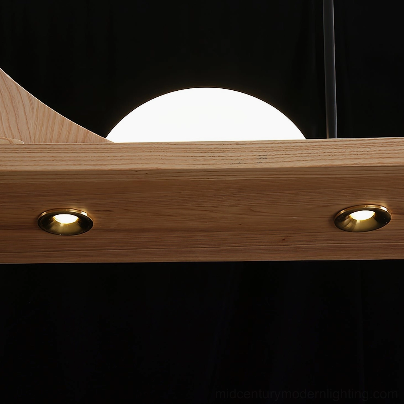 Leah Mountains mid-century modern pendant – walnut wood finish with glowing frosted acrylic hemisphere diffuser