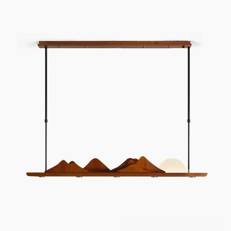 Leah Mountains 47-inch linear pendant – wood color and black finish variant in dining environment with warm ambiance