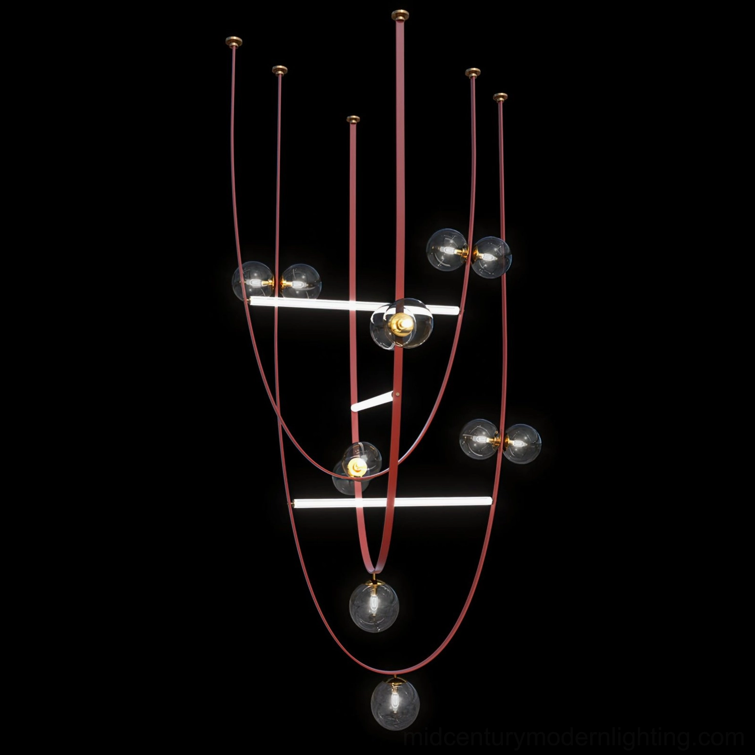 Detailed view of leather ball chandelier mechanism showing glass spheres, metal hardware, and leather attachment points