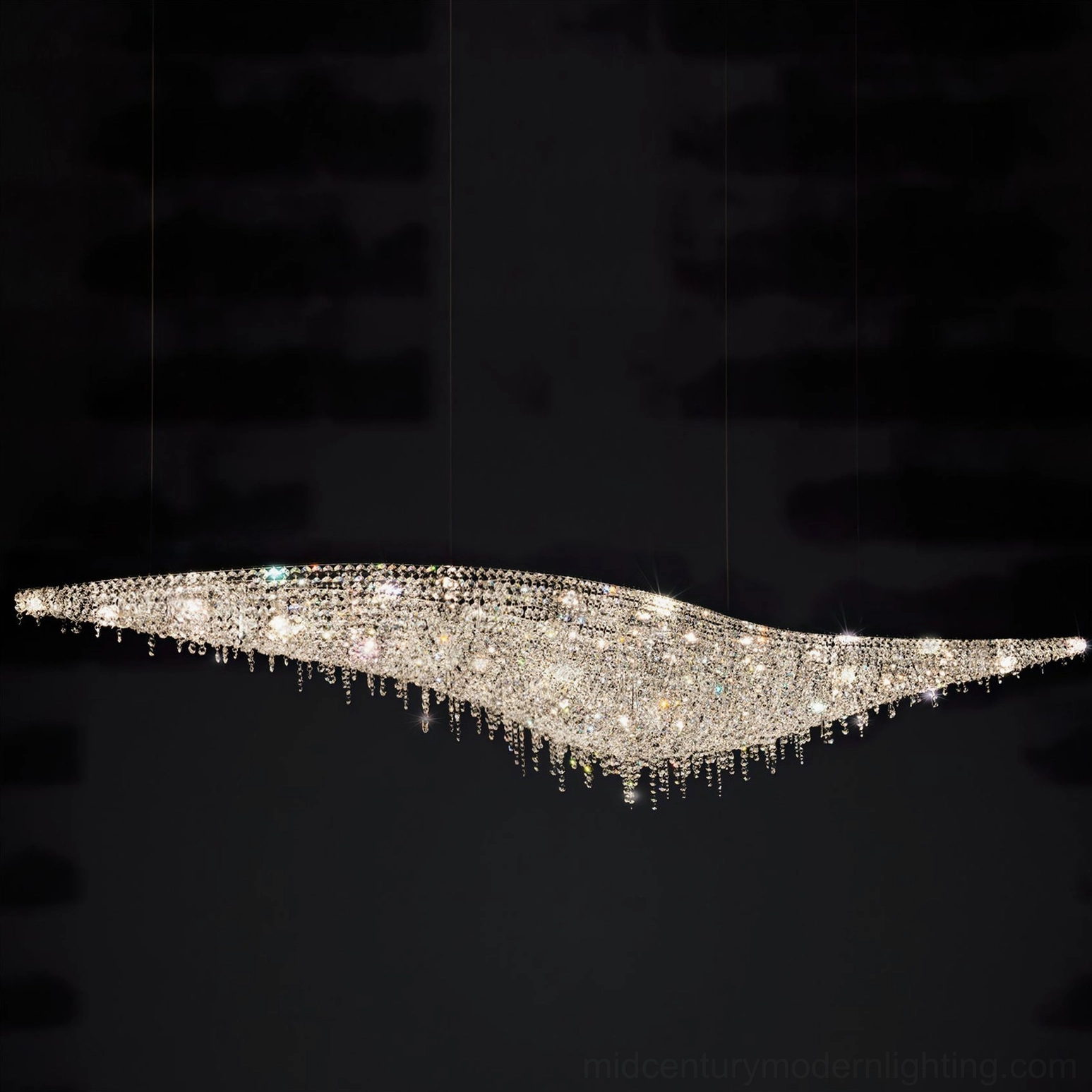 Side close-up detail of leaves crystal chandelier showing cascading crystal trimmings and metallic finish