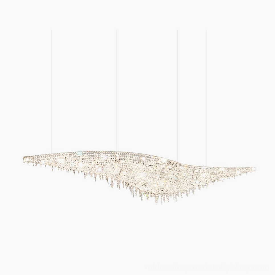 Leaves crystal chandelier overhead frontal view with sparkling clear crystals and curved wavy frame on white background