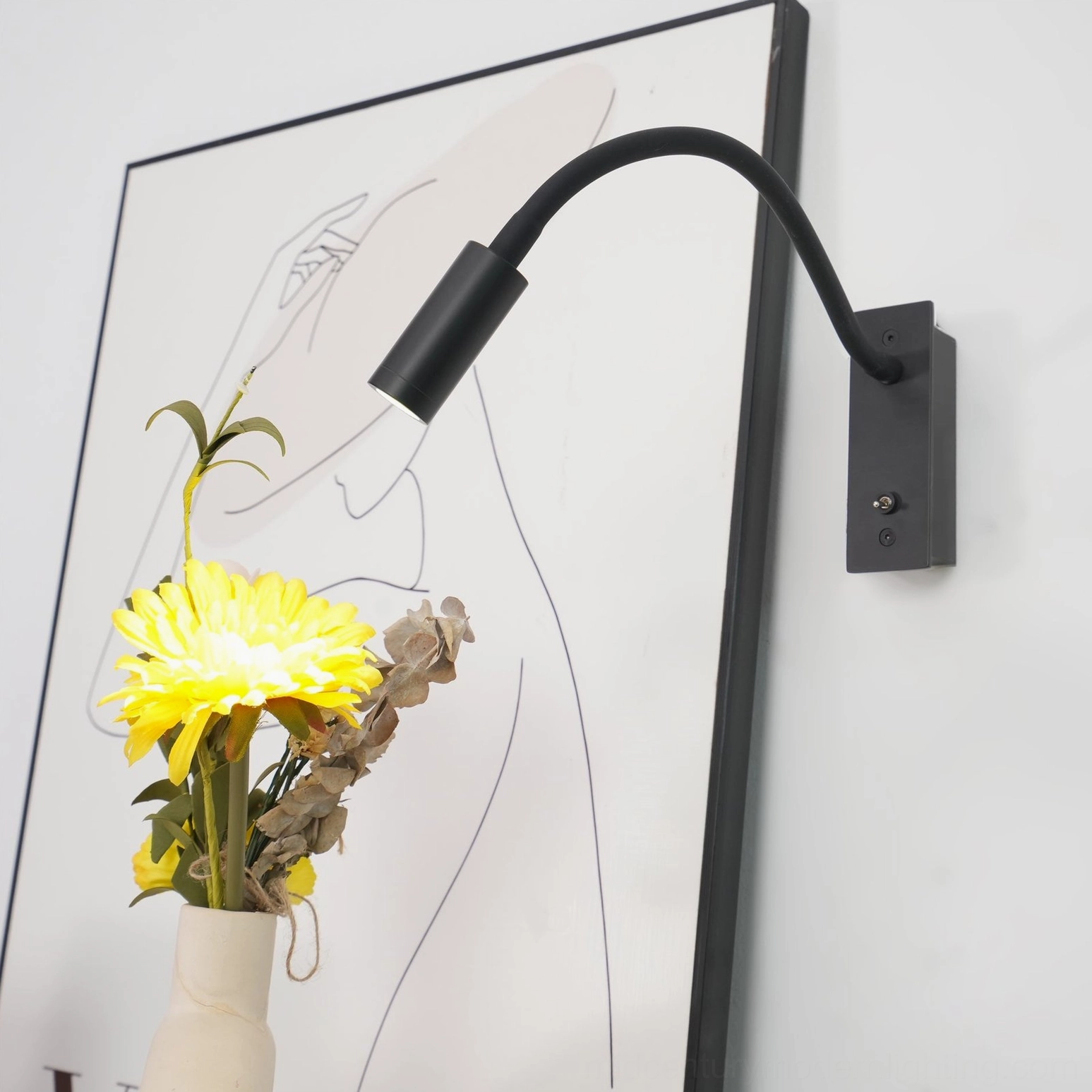 LED bedroom wall sconce sand nickel finish, gooseneck arm extended reading position