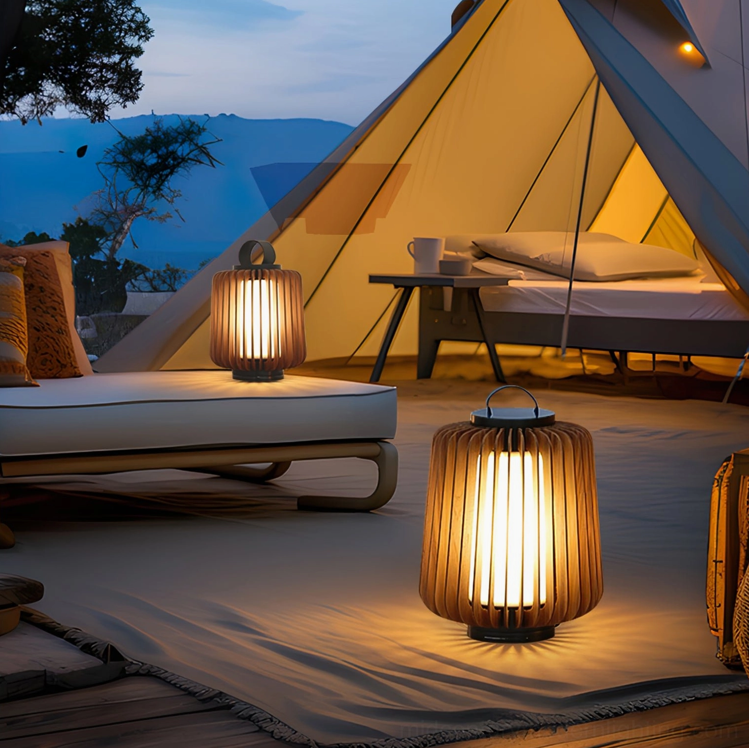Legno outdoor lantern lamps illuminating glamping campsite with warm glow on outdoor furniture