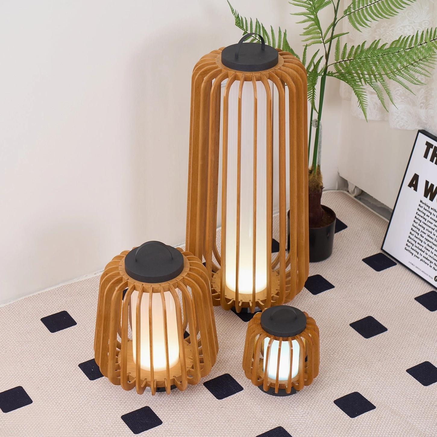 Legno outdoor table lamp integrated LED light source warm glow demonstration