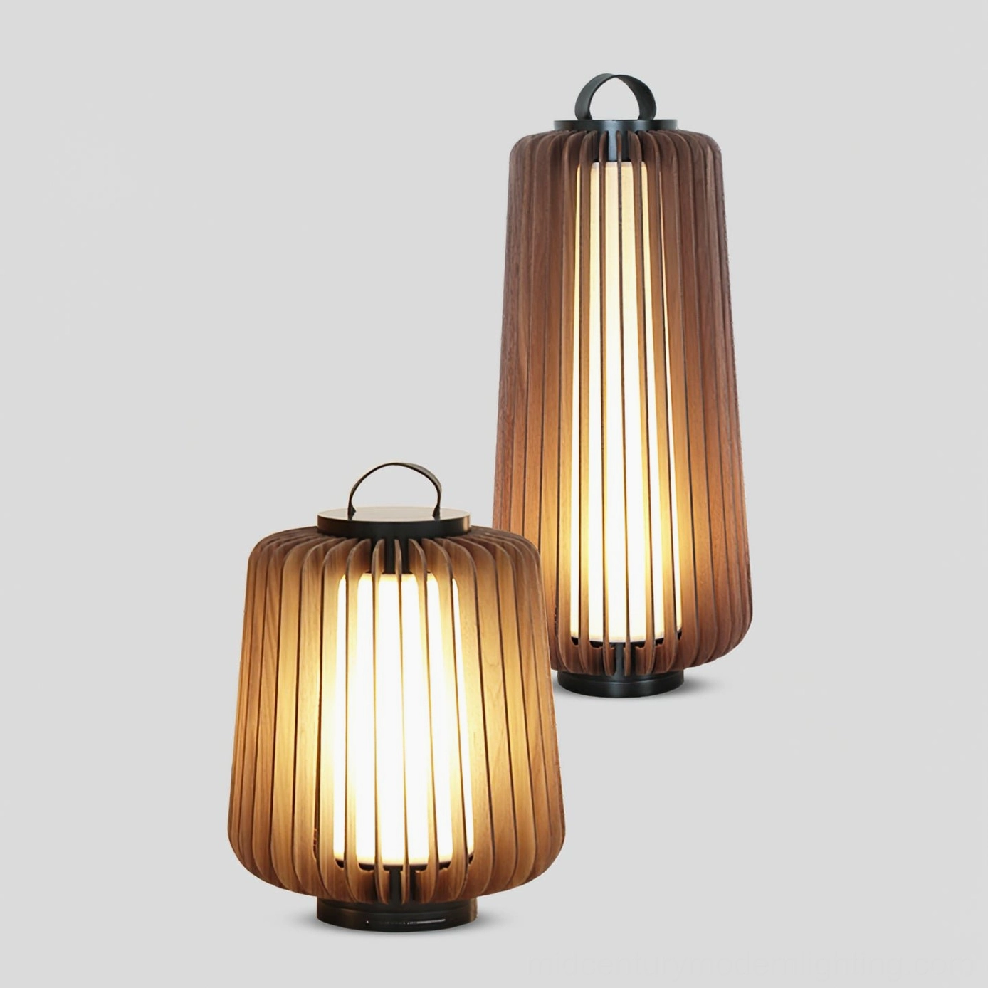 Legno outdoor table lamp close-up view wooden frame stainless steel details