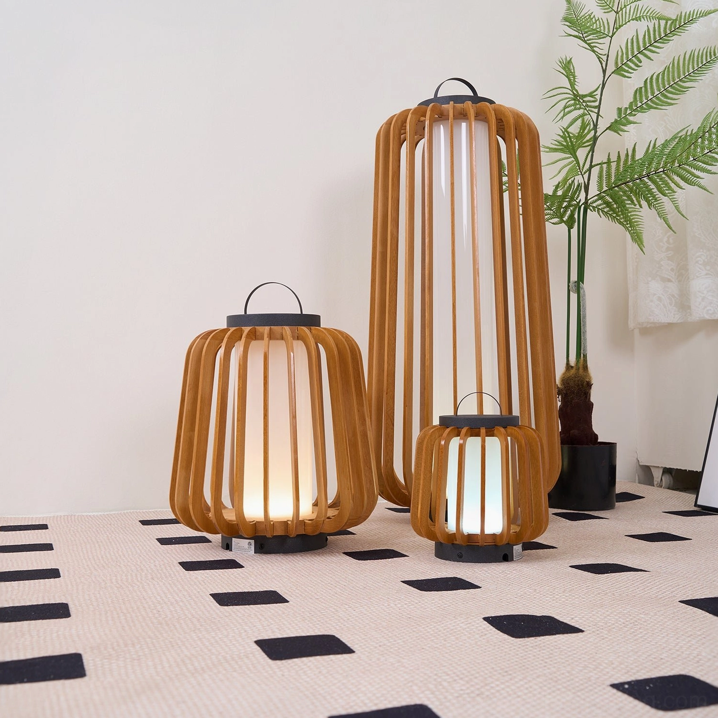 Legno modern wood and stainless steel outdoor lantern nighttime illumination