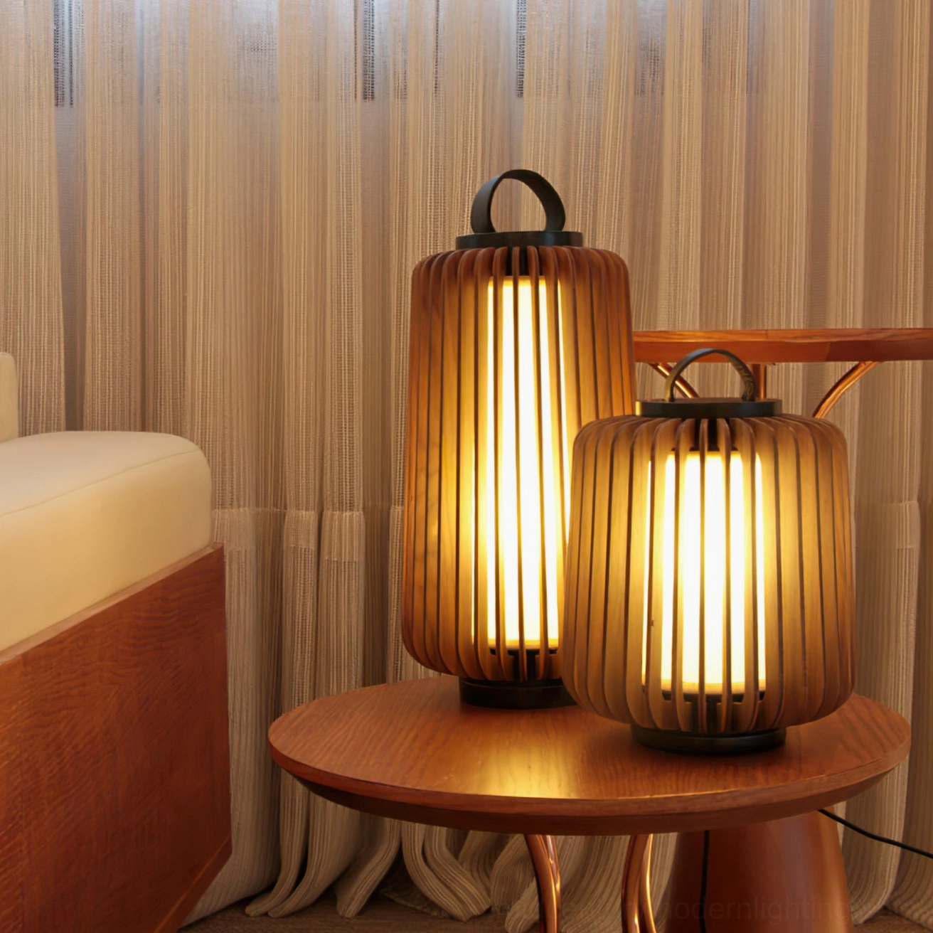 Legno wooden outdoor lantern lamps placed on side table with scandinavian minimalist interior design