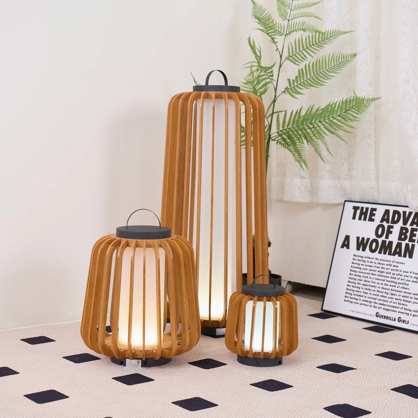 Legno outdoor lantern lamp wooden slatted frame construction and stainless steel hardware close-up