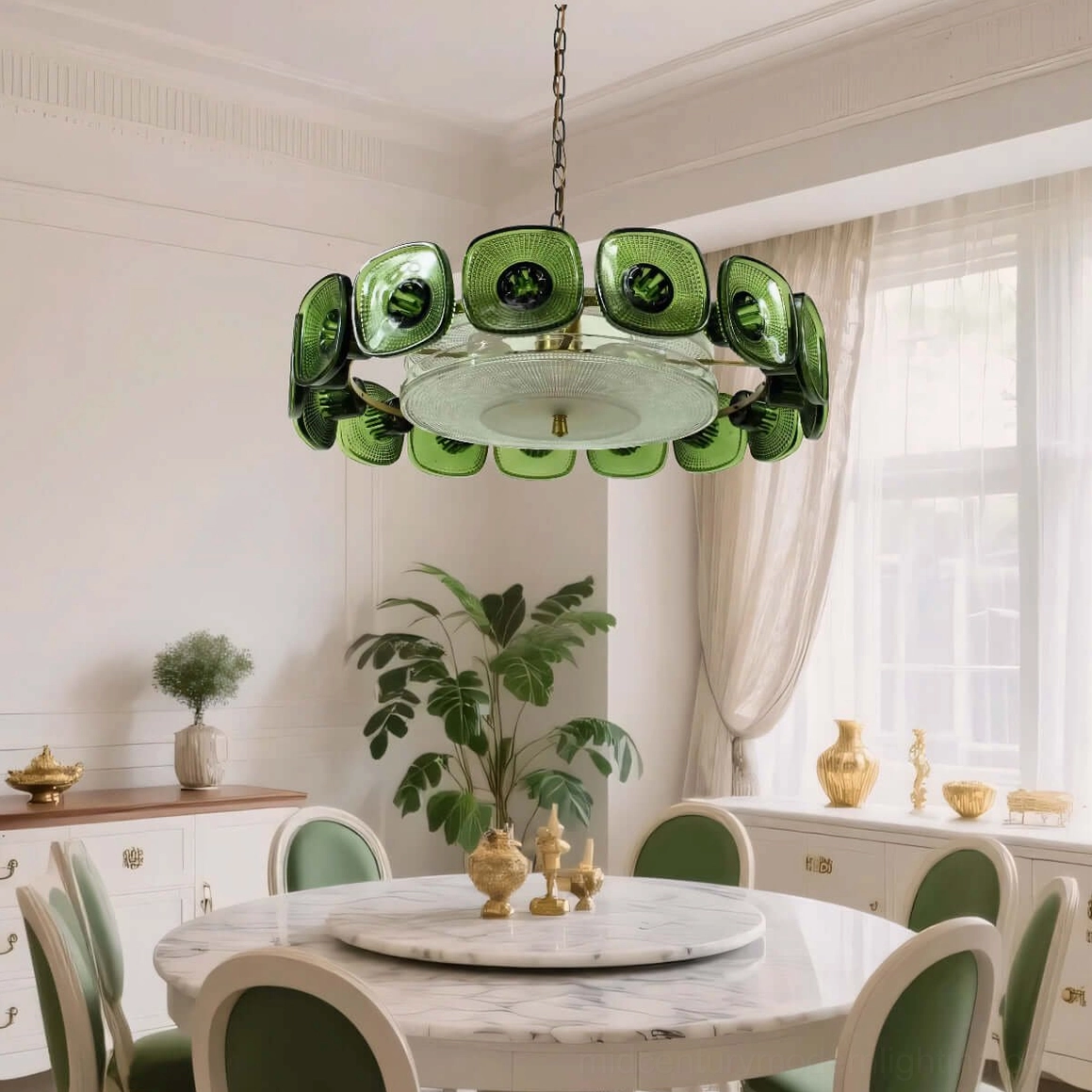 Lennox green glass ring chandelier installed above marble dining table French interior design