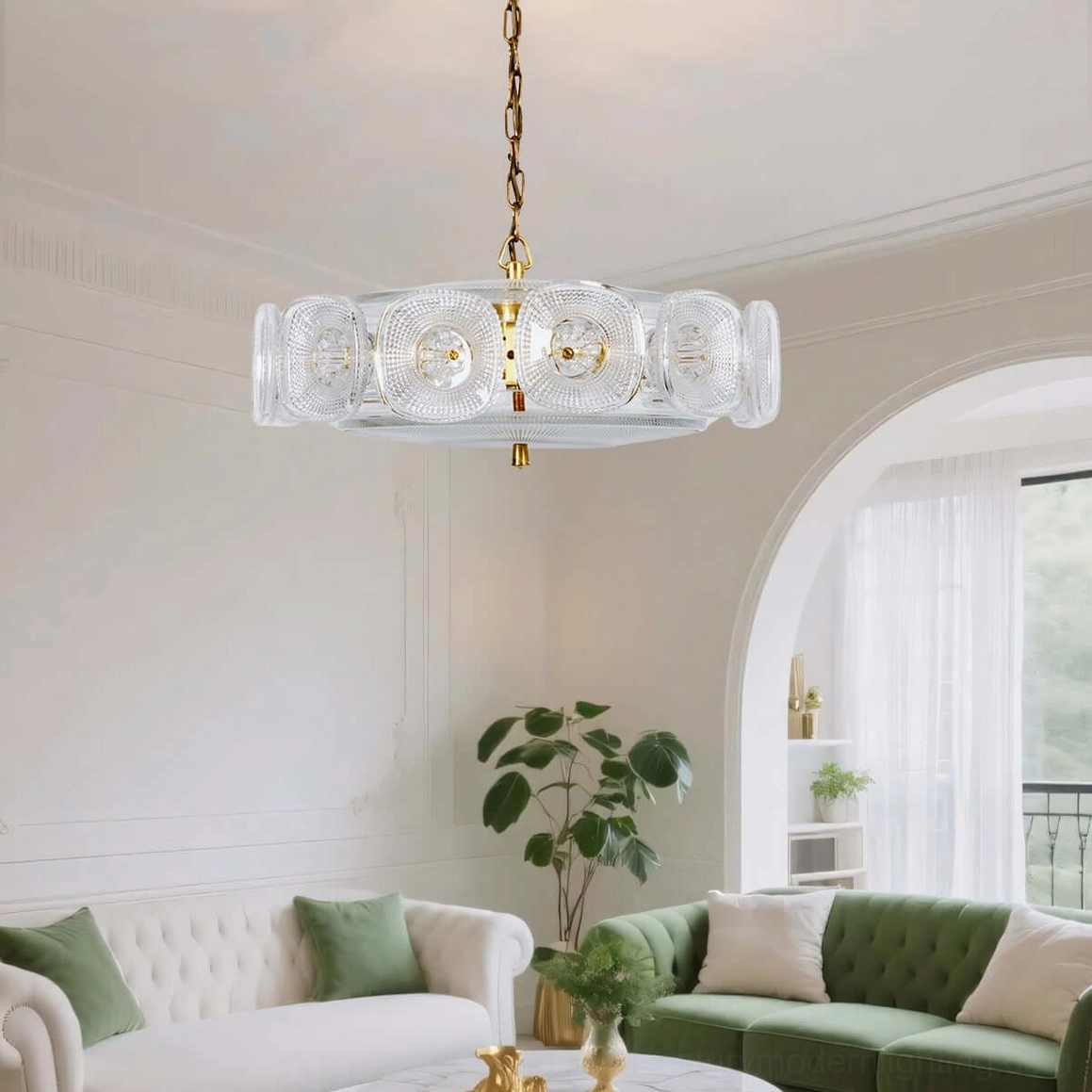 Lennox clear glass ring chandelier in neutral interior with arched doorway architectural lighting