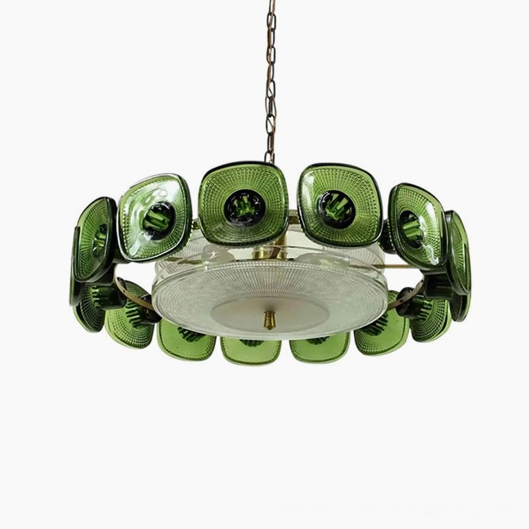 Lennox emerald and clear glass ring chandelier 31.5 inch large diameter mid-century pendant