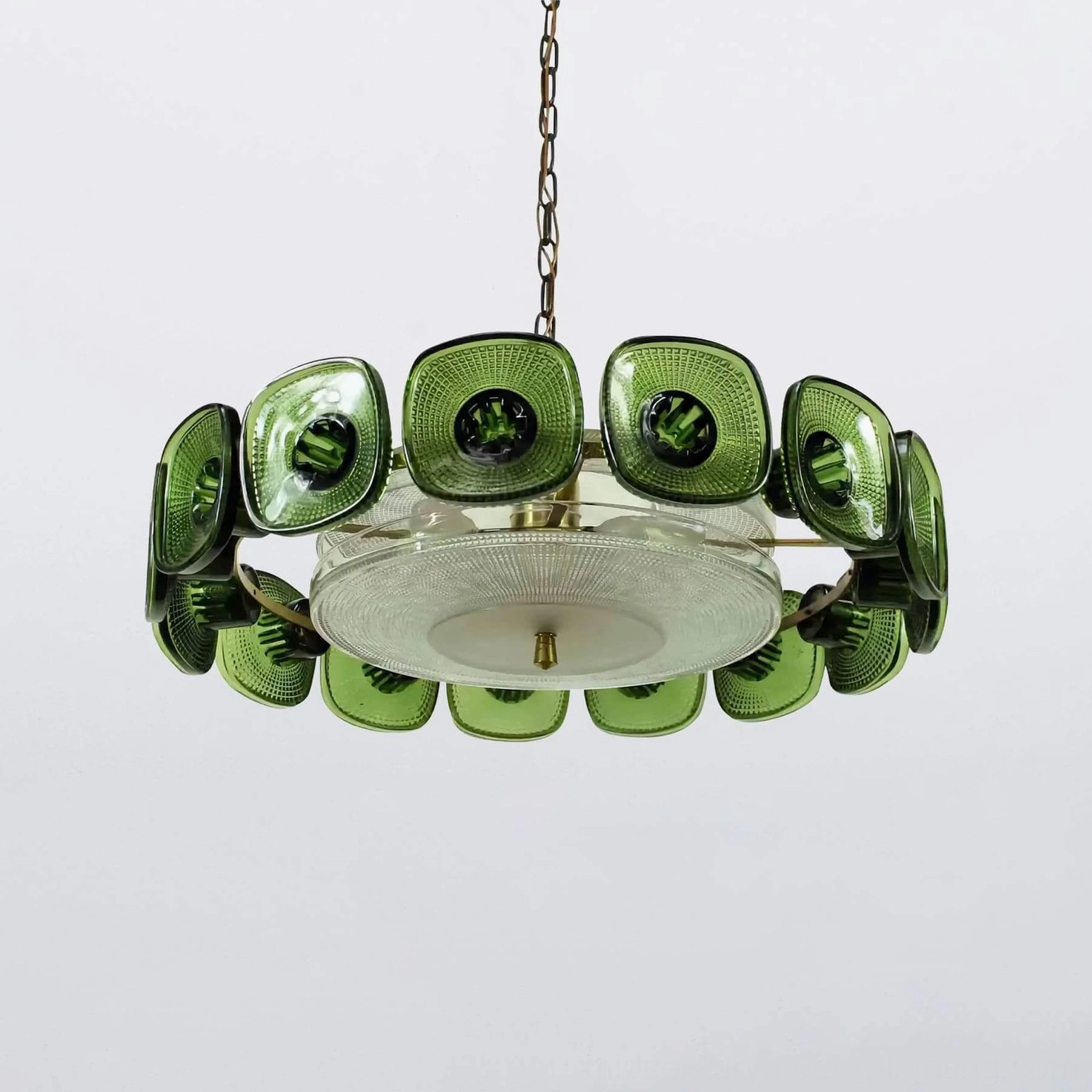 Lennox emerald green glass ring chandelier front view vintage retro pendant light