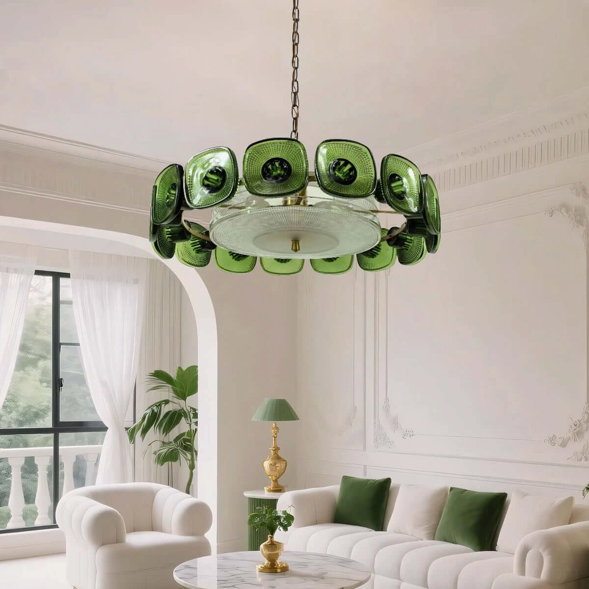 Lennox emerald glass chandelier above white tufted sofa mid-century modern interior