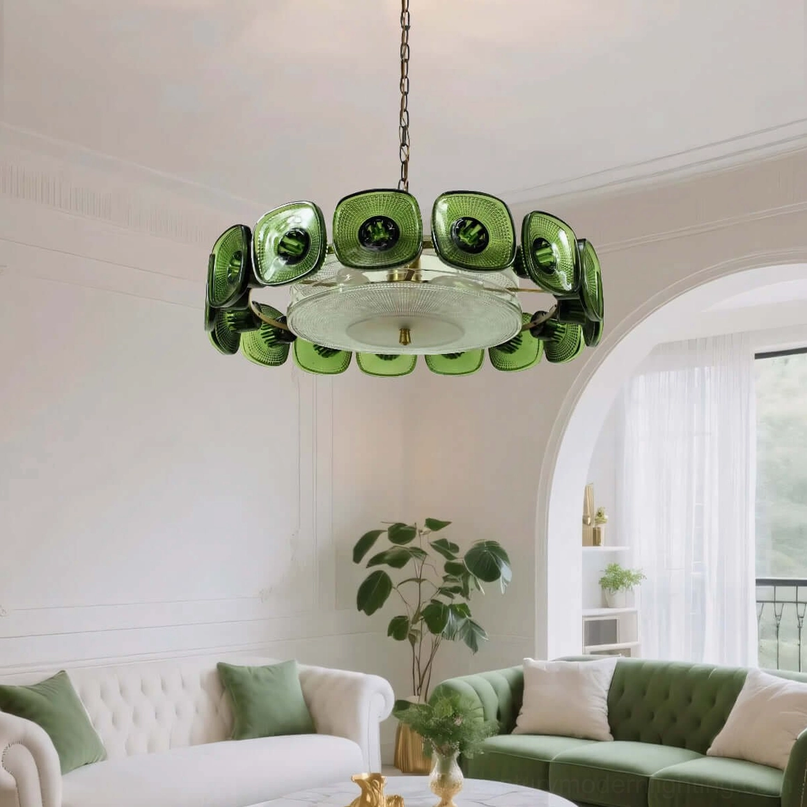 Lennox glass ring pendant light in French style living room with arched doorway and sectional sofa