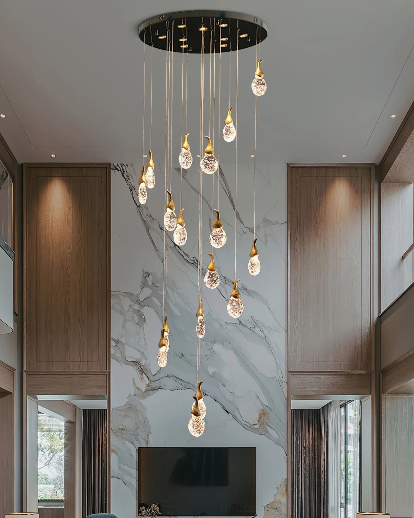 Leo Bubble Chandelier overhead view in high-ceiling luxury entryway with circular ceiling mount