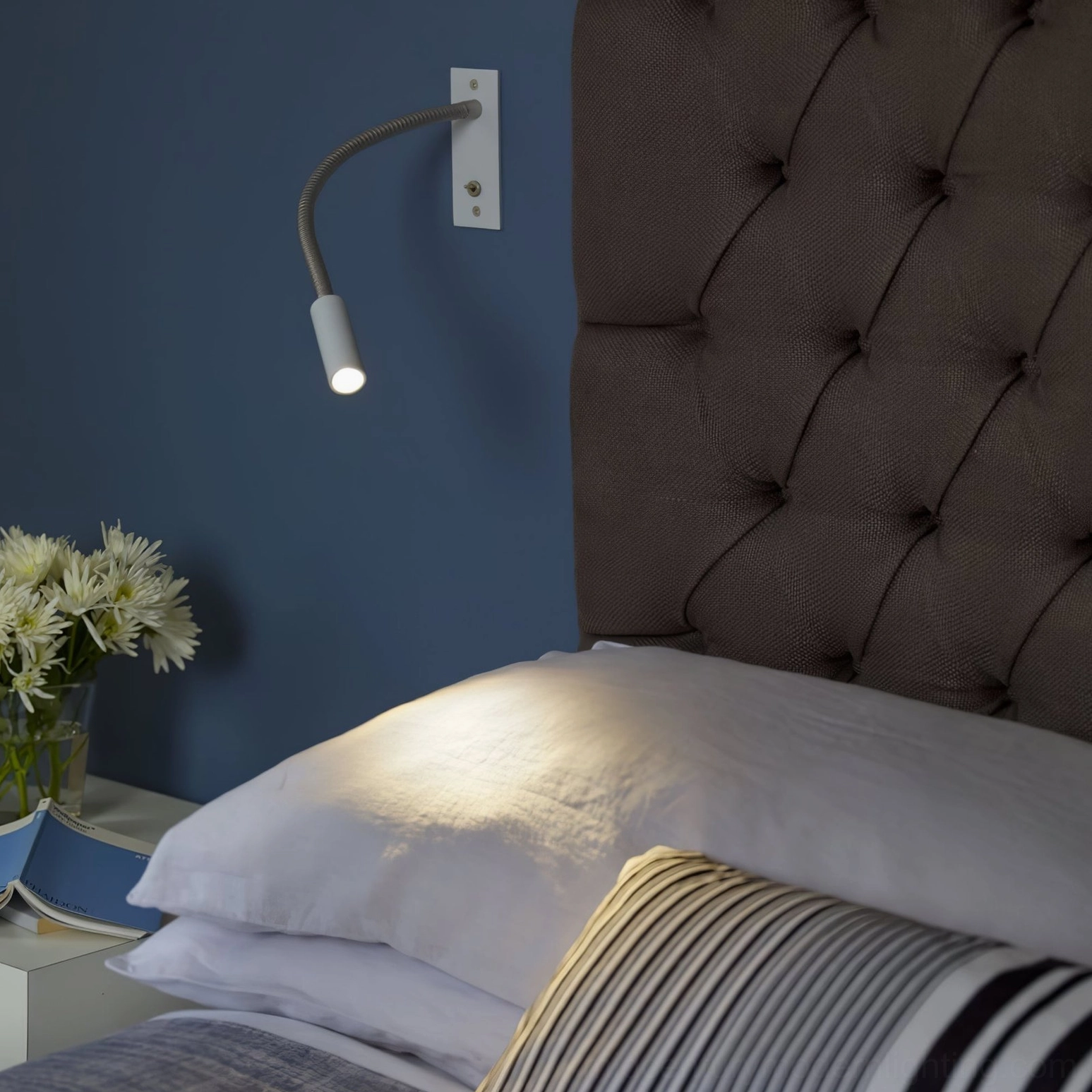Adjustable gooseneck LED wall sconce compound lens detail, glare-free light distribution