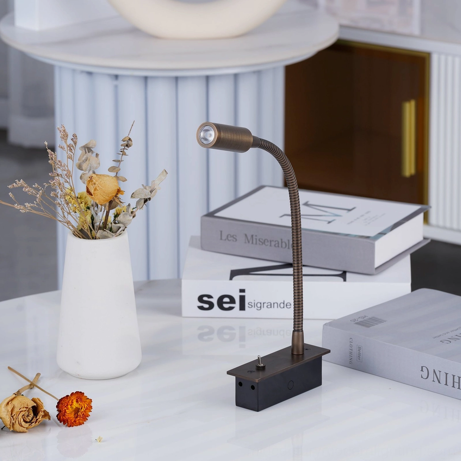 Matte black gooseneck flexible arm lamp, frontal flat studio view minimalist design