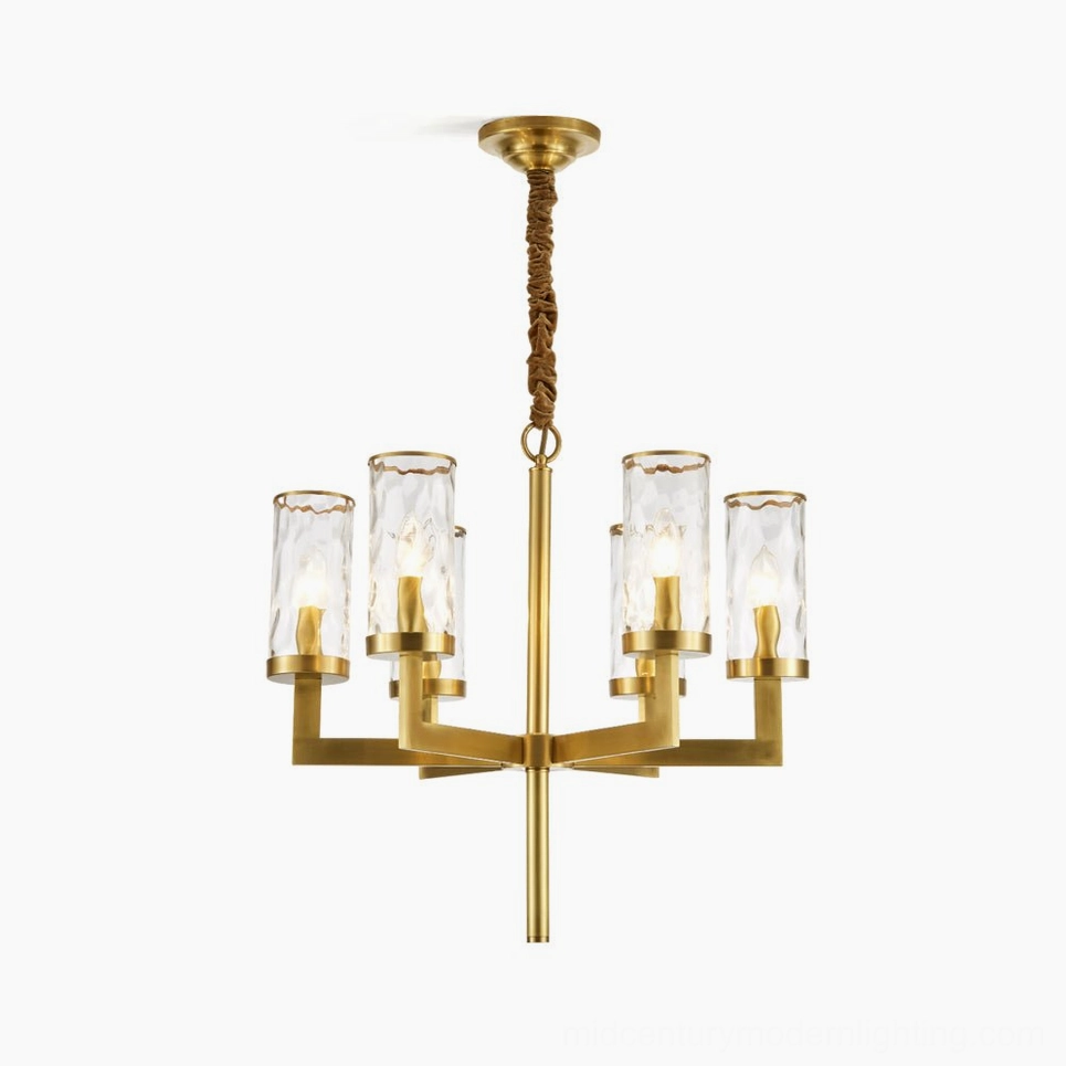 Liaison brass chandelier with six glass shades, front overhead view on white background