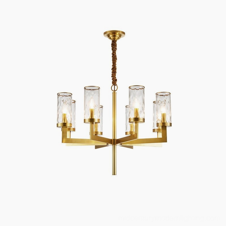 Liaison 6-head brass chandelier compact design for smaller rooms and entryways