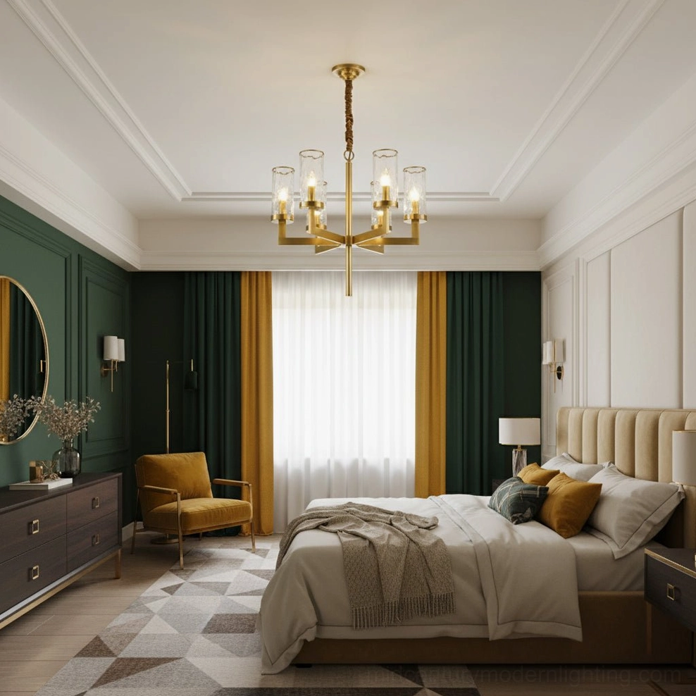 Brass glass chandelier creating ambient lighting in traditional American bedroom with emerald walls