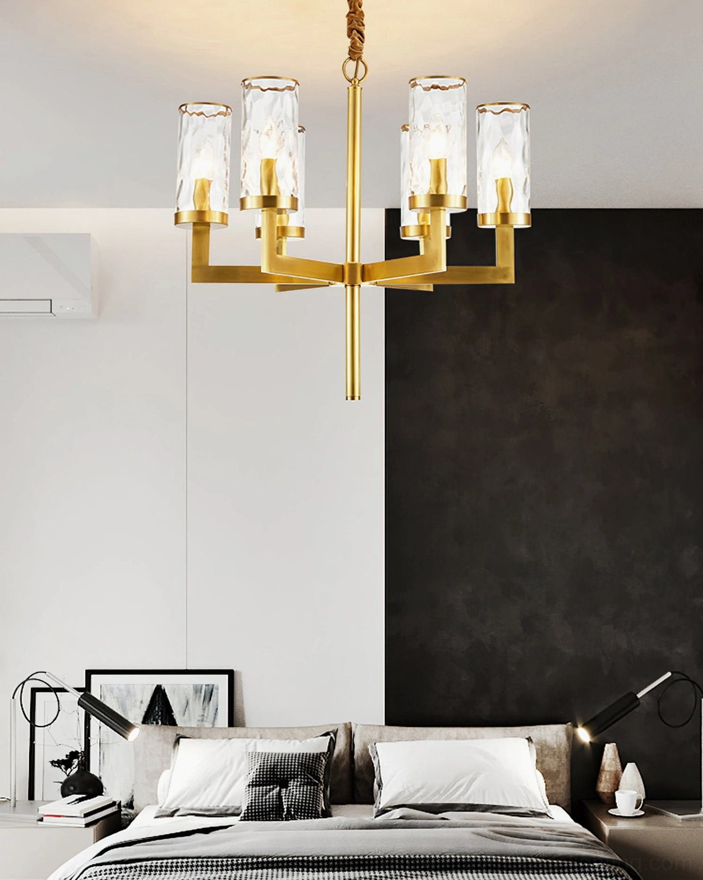 Bottom view of Liaison chandelier showing glass shade arrangement and light distribution