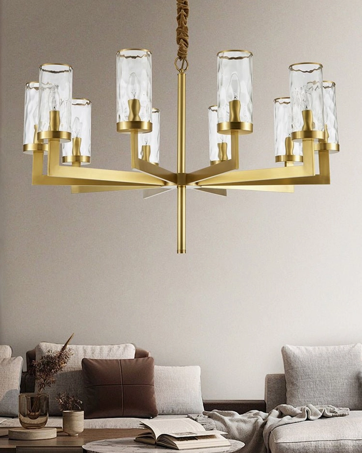 Liaison mid-century modern chandelier with brass framework and glass cylinder shades detail