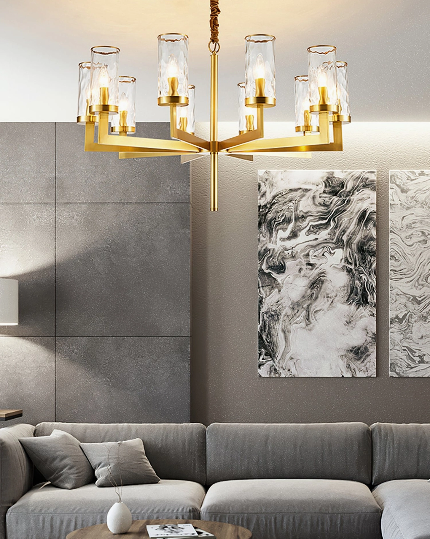 Liaison brass chandelier full composition showing all glass elements on white background