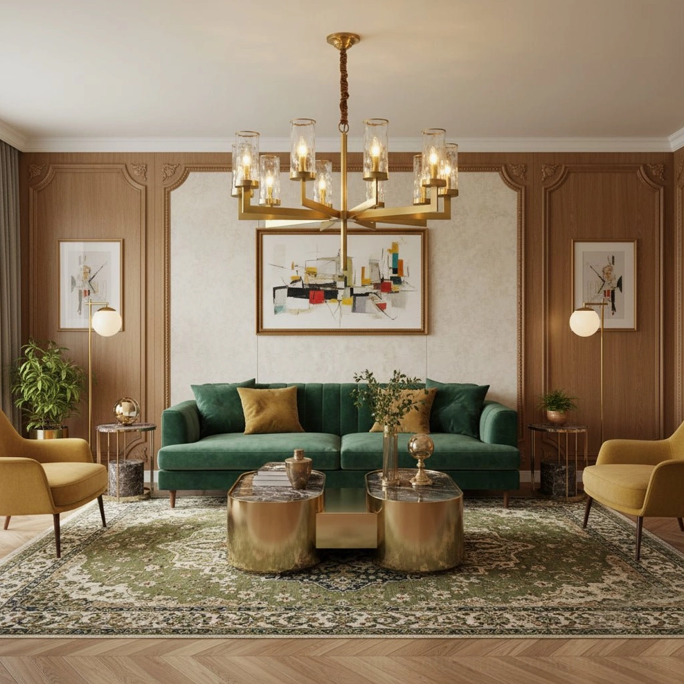 Large Liaison brass chandelier in upscale modern living room with emerald sofa and abstract wall art
