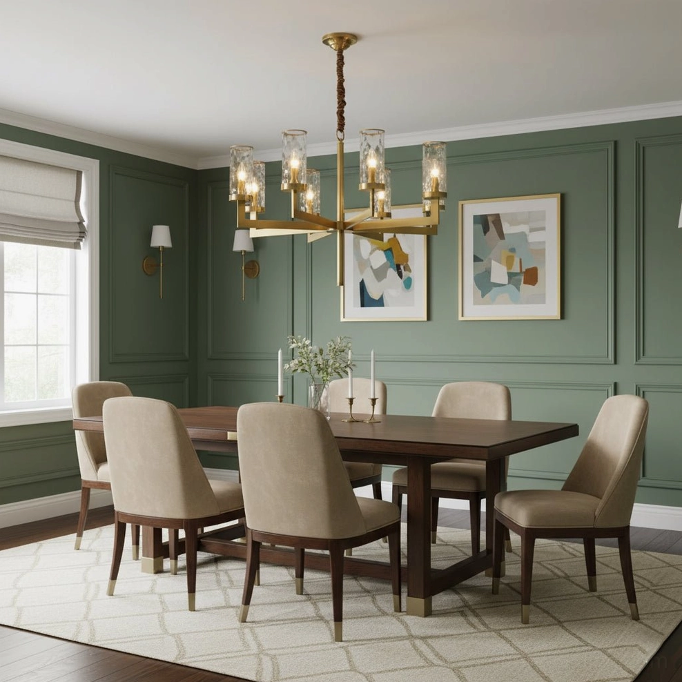 Liaison mid-century chandelier in modern dining space with beige upholstered seating