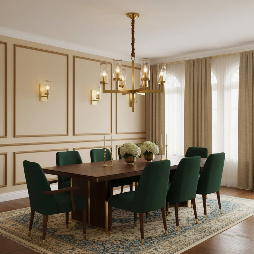Liaison brass chandelier installed in formal dining room with green velvet chairs and wood panel walls