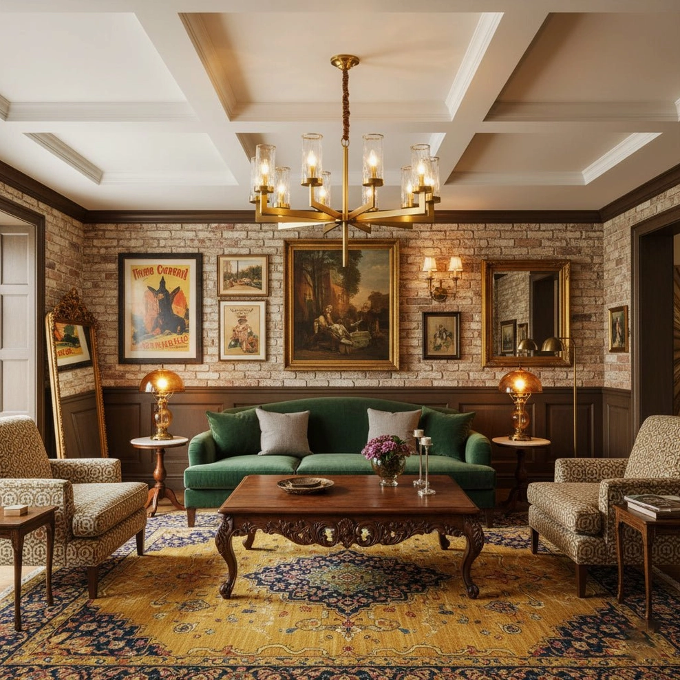 Mid-century brass chandelier in classic American living room with green velvet sofa and brick accent wall