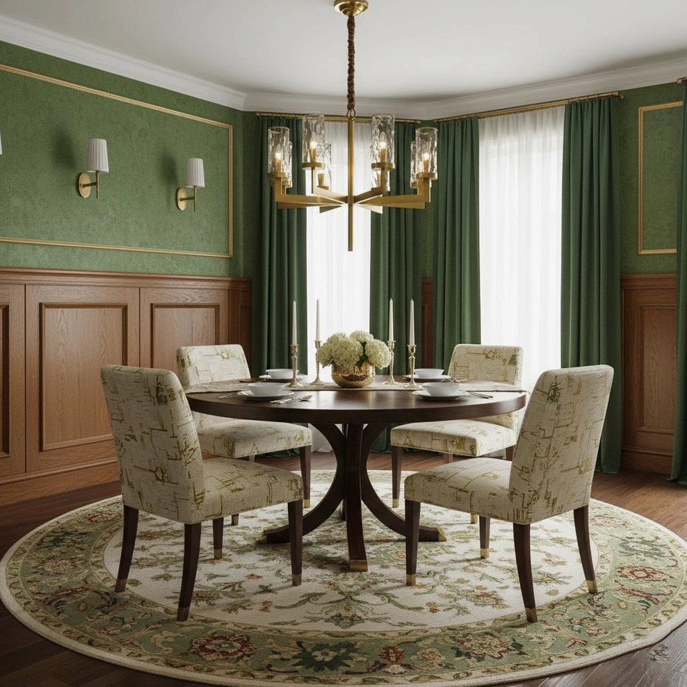 Classic Liaison brass chandelier in luxury dining room with floral print chairs and round rug