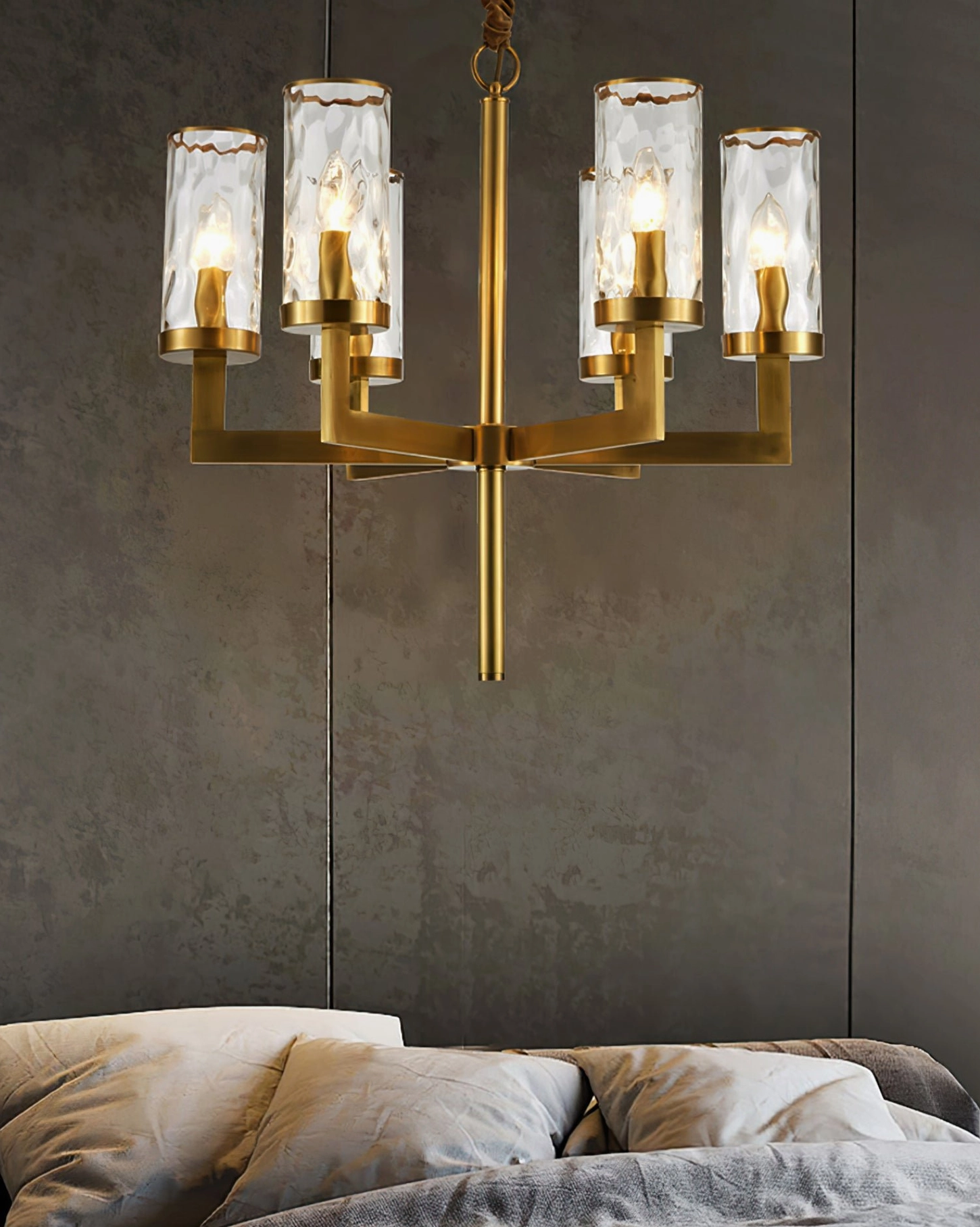 Side profile of Liaison chandelier showing proportional design and suspension chain